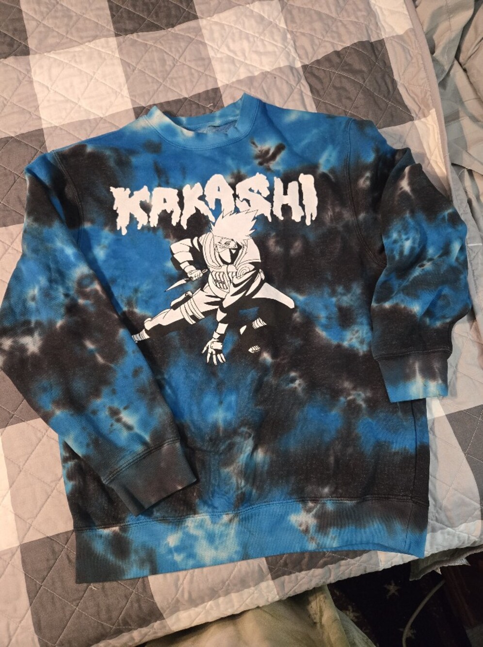Kakashi Graphic Tie-Dye Crewneck Sweatshirt - Blue/Black, Size Small